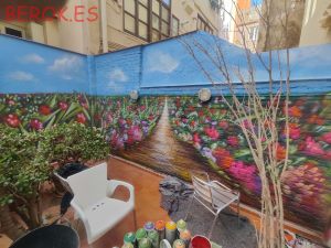 mural graffiti camino profundidad flores plantas